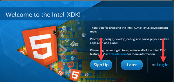 Intel XDK Aanmelden